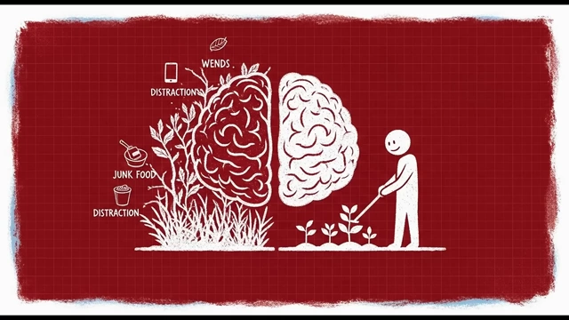 A brain split into two: one side overgrown with 'distractions' and junk food, the other side showing a person planting seeds for 'growth' and discipline.