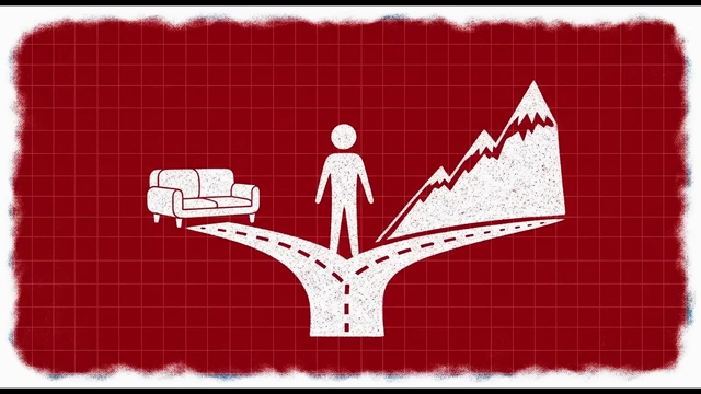 A person standing at a crossroads, with one path leading to a couch (comfort) and the other to mountains (effort/growth).