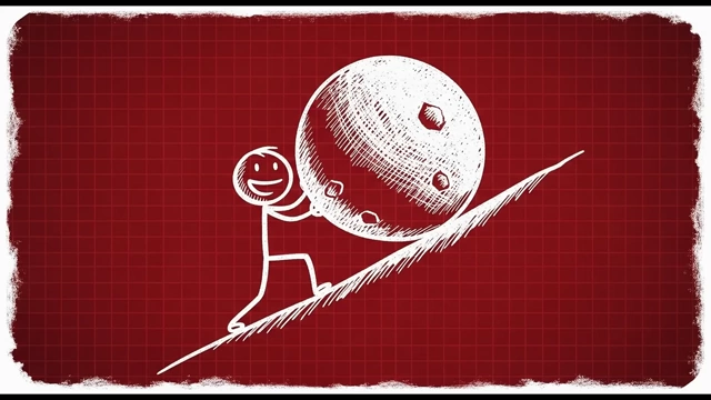 A smiling person pushing a boulder uphill, depicting how engaging in challenging activities can become satisfying.