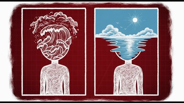 Two head profiles: one filled with stormy ocean waves, and the other with a calm, clear sky over a peaceful sea, symbolizing mental states before and after detox.