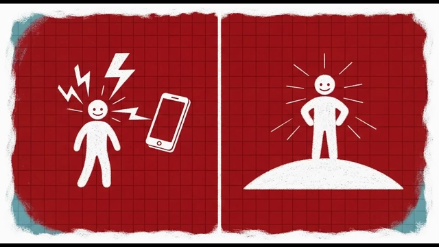 Two figures: one stressed by a stimulating phone, the other standing confidently and calm, representing the shift from overstimulation to self-possession.