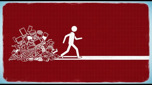 A person running away from a large pile of junk food, phones, and other distractions, symbolizing the act of eliminating high-dopamine sources.