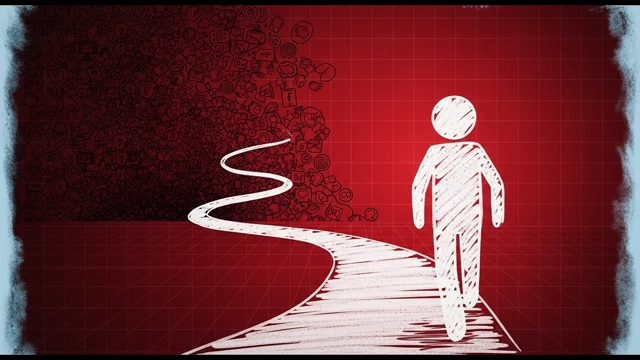 A person walking on a clear path, moving away from a dark cloud of social media icons and distractions.
