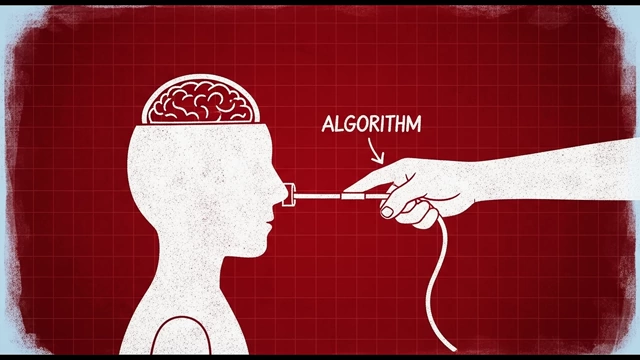 A human head being 'fed' by an 'Algorithm' connected by a wire, symbolizing how algorithms hijack our minds for instant gratification.
