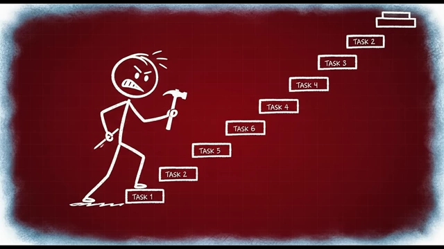 An angry person using a hammer to build stairs labeled 'TASK 1, TASK 2', illustrating the initial painful experience of discipline.