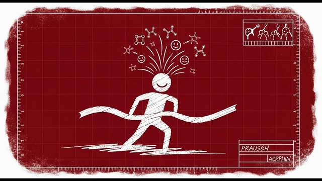 A person breaking through a finish line, with happy neurochemicals (dopamine, serotonin, endorphins) bursting from their head, symbolizing the reward of accomplishment.