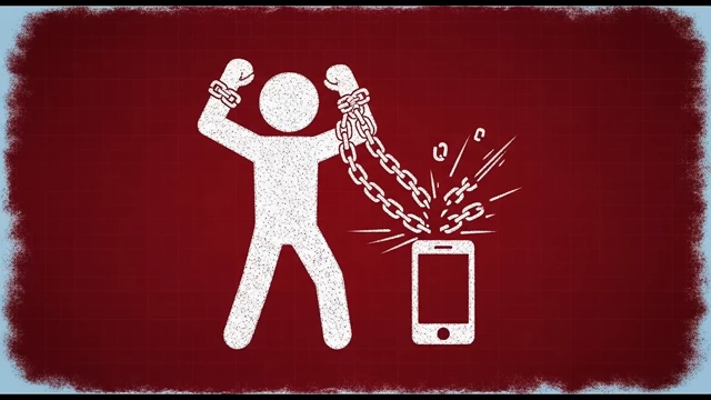 A person breaking free from chains connected to a smartphone, symbolizing liberation from digital addiction.
