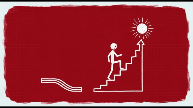 A person climbing stairs towards a rising sun, with a flat, easy path below, illustrating choosing growth over comfort.