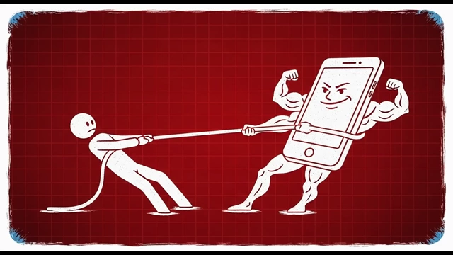 A person engaged in a tug-of-war with a muscular, smiling smartphone, depicting the struggle against digital addiction.