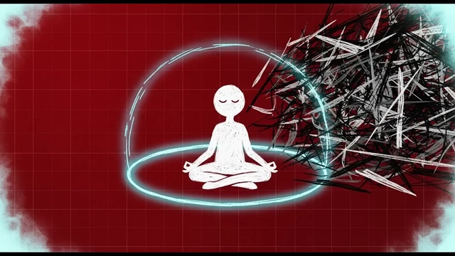 A meditating person protected by a glowing force field, warding off chaotic scribbles, symbolizing resistance to distraction.