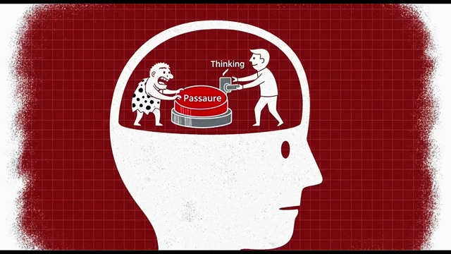 A head profile showing a 'primitive' figure impulsively pushing a 'Pleasure' button, while an 'advanced' figure tries to engage 'Thinking', illustrating the internal conflict between impulse and reason.