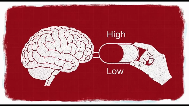 A hand adjusting a 'High/Low' switch on a brain, representing the control over dopamine sensitivity.