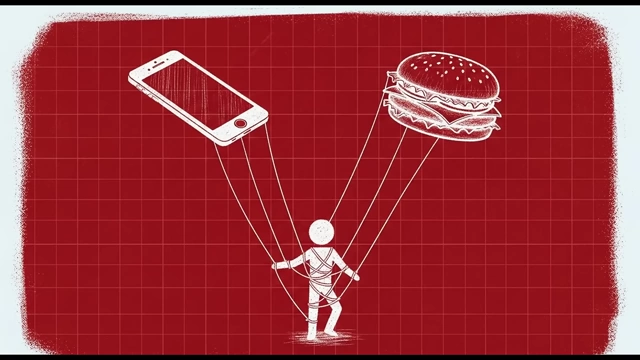 A person controlled by strings attached to a smartphone and a burger, symbolizing being a slave to algorithms and impulses.