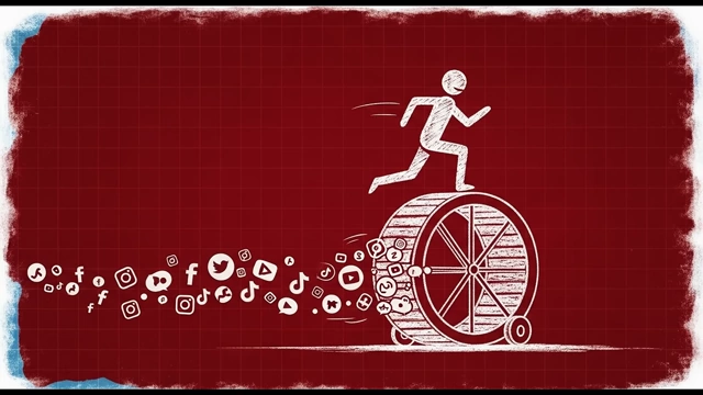 A person running on a hamster wheel, with social media icons cascading out, illustrating the endless cycle of distraction.