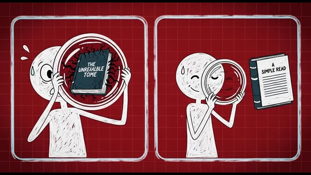 Two figures with masks: one seeing a 'hard' book as terrifying, the other seeing a 'simple read' with a smile, illustrating the shift in perception after rewiring.