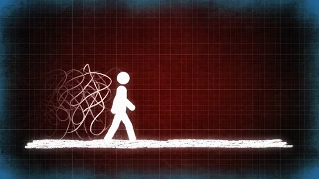 A person walking away from a messy, chaotic cloud, symbolizing leaving distractions behind for a clear path.
