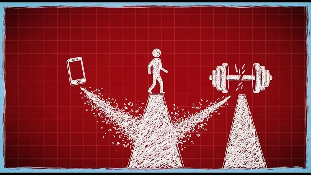A person walking on a precarious bridge, with a phone on one side and a broken dumbbell on the other, symbolizing the challenging transition during rewiring.