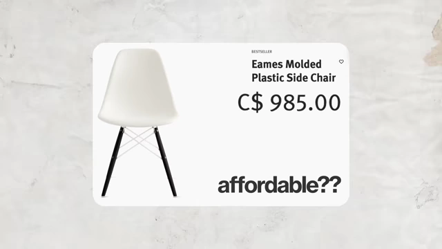 A product listing for an Eames Molded Plastic Side Chair priced at C$ 985.00 with the question "affordable??" beneath it