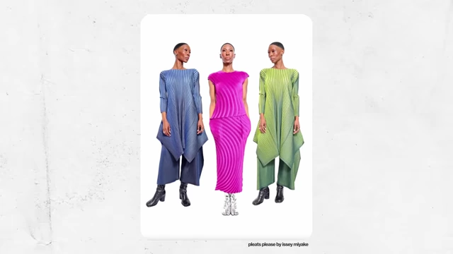 Models wearing pleated clothing designs by Issey Miyake