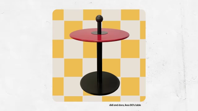 An image of a Memphis-style table from the 1980s, featuring bold colors and geometric shapes