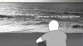 An illustration of a person sitting by the ocean with text "haha yeah, im in the grind right now" representing performative action