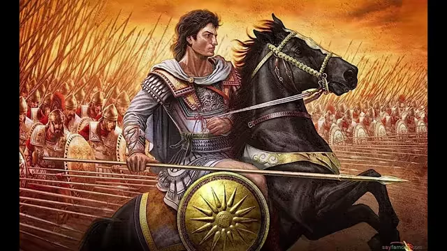 Illustration of Alexander the Great leading his army in battle