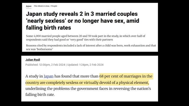 News Headline: Japan study reveals 2 in 3 married couples 'nearly sexless'