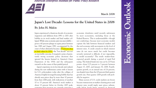 An academic paper titled "Japan's Lost Decade" highlighting a 70% drop in land values by 2001