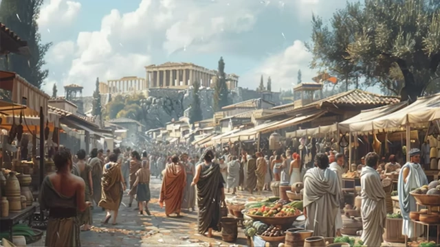 Illustration of a bustling Athenian marketplace