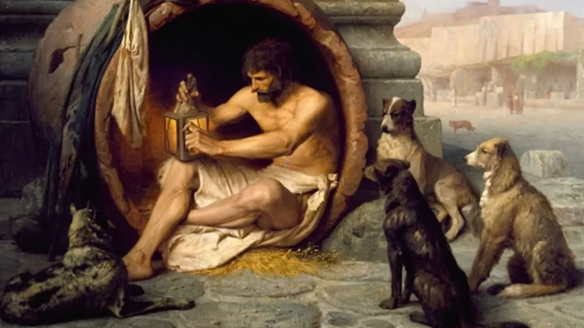 Painting of Diogenes sitting in a barrel with dogs