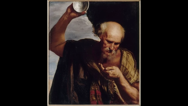 Painting of Diogenes discarding his cup after seeing a child drink with their hands