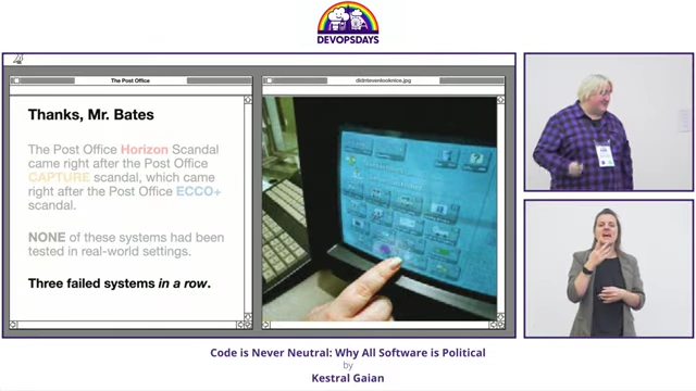 Screenshot of the Horizon software scandal slide, detailing previous failed systems and a photo of an old accounting interface.