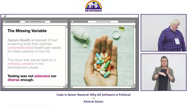 Optum Health's 'Missing Variable' slide, explaining how flawed AI underestimated healthcare needs for Black patients due to insufficient testing and a hand holding pills.