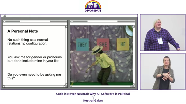 Slide highlighting personal experiences of exclusion in tech forms, with limited options for relationship status, gender, or pronouns, next to a visual representing pronoun choices.