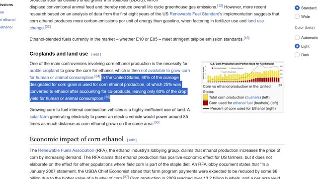 A webpage showing statistics on corn production and land use, with a section highlighted about corn used for ethanol.