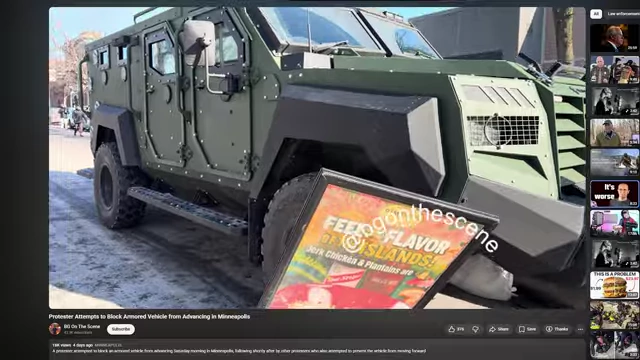 An armored vehicle on a city street, partially obscuring a sign, with text overlayed: "A popular example of DHS Armed Vehicle Patrols Now Happening In Minneapolis".