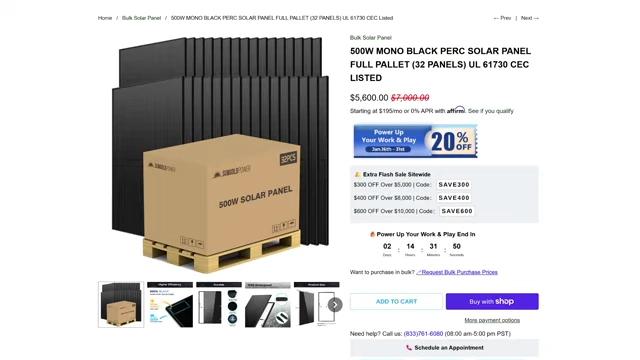 Screenshot of a solar panel wholesaler's website, showing prices for pallets of 500W solar panels.