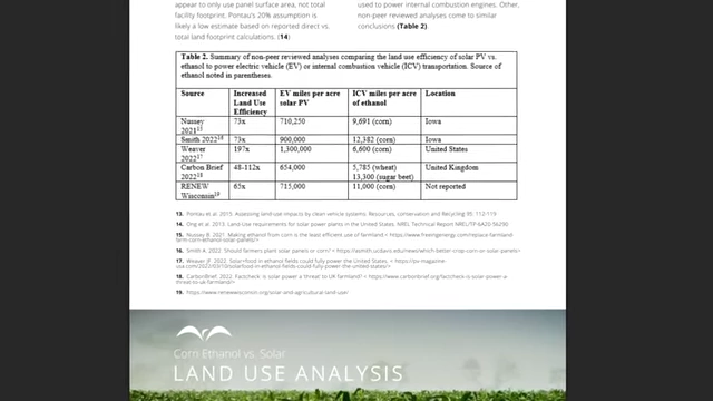 A research paper table comparing land use efficiency of solar PV to corn ethanol for powering electric and internal combustion vehicles.
