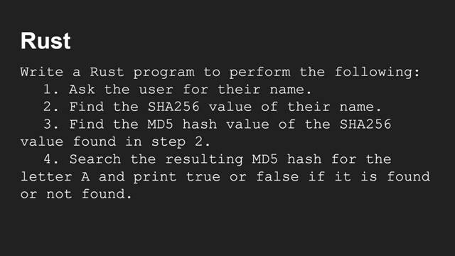 The detailed prompt for the Rust programming task, requiring sequential operations including hashing and string search.