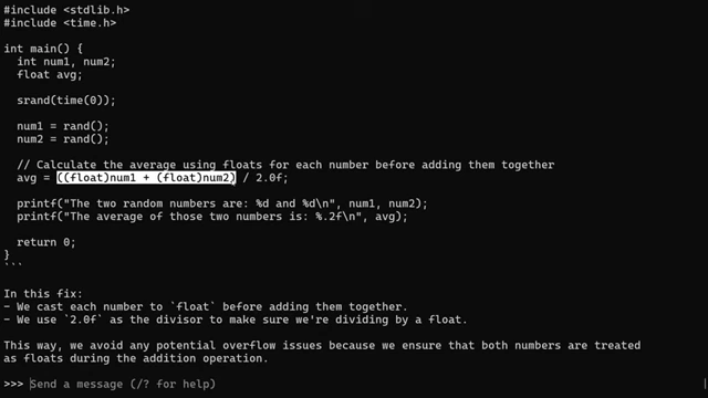 Devstral's fix for a C integer overflow bug, correctly casting variables to float before addition.