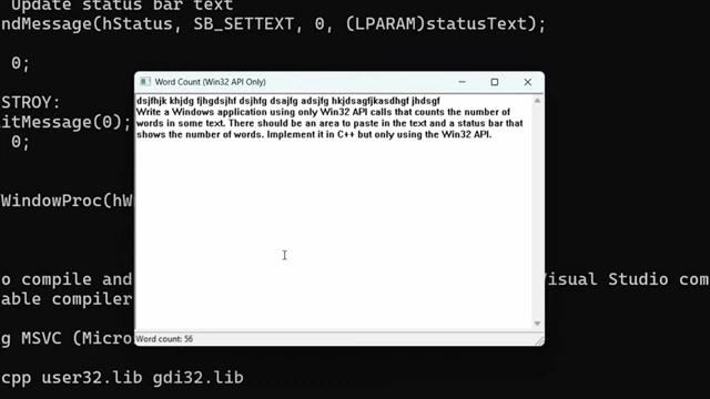 A functional C++ Windows application with a word count status bar, successfully generated by a larger online LLM using Win32 API.