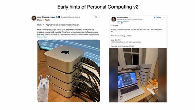 Images of stacked Mac Minis used for personal LLM computing, suggesting early hints of a personal computing evolution