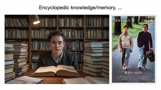 Images illustrating encyclopedic knowledge and memory, comparing it to a savant from the movie Rainman