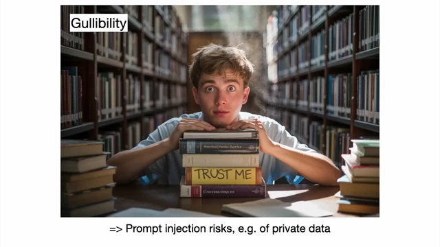 Image of a person holding books, with "TRUST ME" on the spine, symbolizing gullibility and prompt injection risks in LLMs