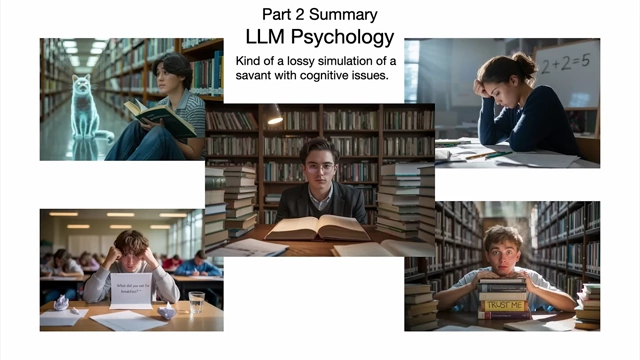 Collage summarizing LLM psychology, including hallucinations, memory, jagged intelligence, and gullibility