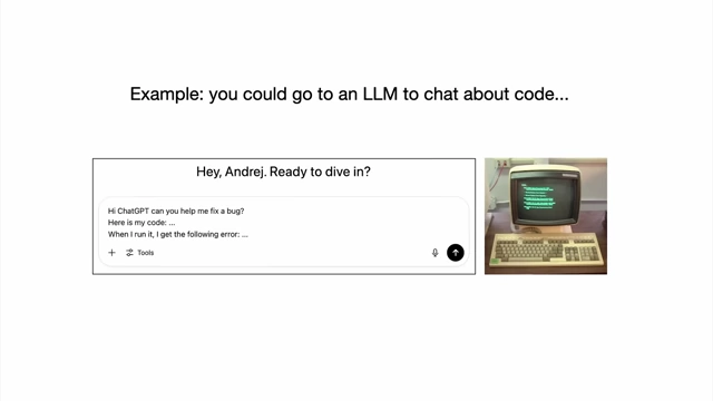 Image of a ChatGPT interface discussing code next to an old computer terminal, suggesting direct chat is like a terminal interaction