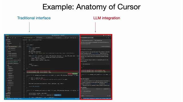 Anatomy of Cursor, highlighting the traditional interface and LLM integration for coding assistance