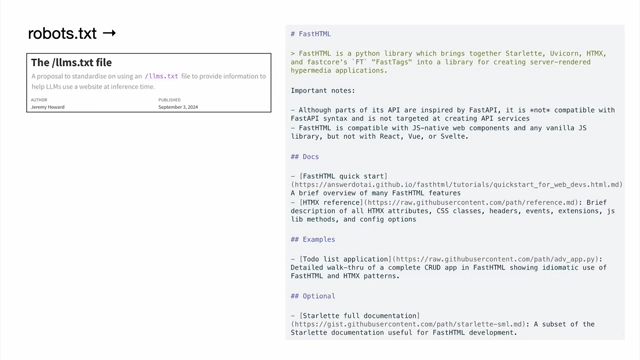Comparison of robots.txt for web crawlers and a proposed lm.txt file (simple markdown) for directly informing LLMs about a website's purpose