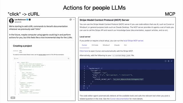 Comparison of documentation for people versus LLMs, showing how "click" instructions can be replaced with machine-executable curl commands and discussing Model Context Protocol
