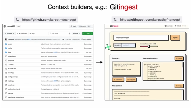 Example of Gitingest, a tool that transforms a GitHub repository into an LLM-friendly format, including a summary and directory structure